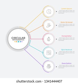 Five paper white round elements arranged in vertical row and connected to main circle by lines. Concept of 5 business features to choose. Simple infographic design template. Flat vector illustration.