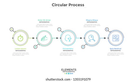 Five paper white round elements arranged in horizontal row. Concept of 5-stepped business development process. Modern infographic design template. Minimal vector illustration for progress bar.