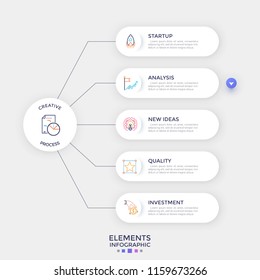 Five paper white rounded elements with linear icons and place for text inside placed one below other and connected to circle by lines. Concept of 5 features of creative process. Vector illustration.