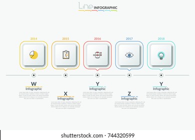 Five paper white square elements with thin line icons and year indication arranged into horizontal row. Timeline, annual steps of company development. Infographic design template. Vector illustration.