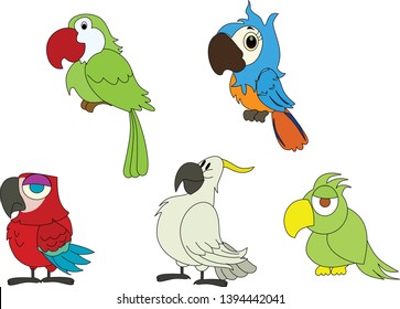 five parrot characters with different personalities.