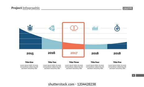 Five parts area chart slide template. Business data. Timeline, graphic, design. Creative concept for infographic, report. Can be used for topics like statistics, banking, research.