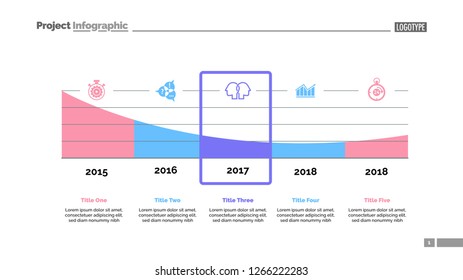 Five parts area chart slide template. Business data. Timeline, graphic, design. Creative concept for infographic, report. Can be used for topics like statistics, banking, research.