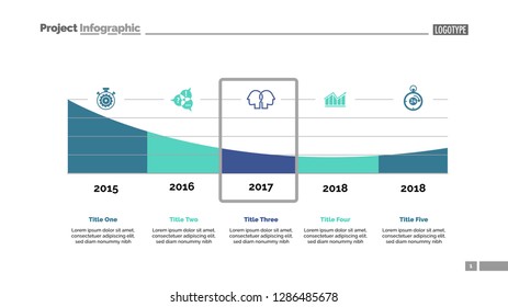 Five parts area chart slide template. Business data. Timeline, graphic, design. Creative concept for infographic, report. Can be used for topics like statistics, banking, research.