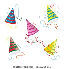 Five party hats with different patterns and streamers.