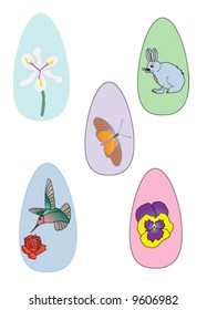 five pastel eggs with spring themes