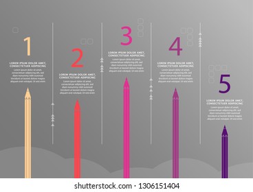Five pencils pointing vector progress steps illustration with place for your company information. It can be used for presentation, web design, quotes, survey, banner, study.