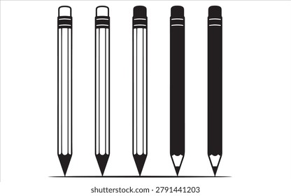 Five pencils standing upright on a flat surface