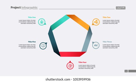 Five pentagon edges process chart slide template. Business data. Workflow, infochart, design. Creative concept for infographic, presentation, report. For topics like management, banking, planning.