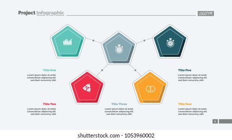 Five pentagons process chart slide template. Business data. Workflow, infochart, design. Creative concept for infographic, presentation, report. For topics like management, training, teamwork.