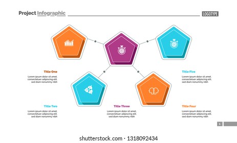 Five pentagons process chart slide template. Business data. Workflow, infochart, design. Creative concept for infographic, presentation, report. For topics like management, training, teamwork.