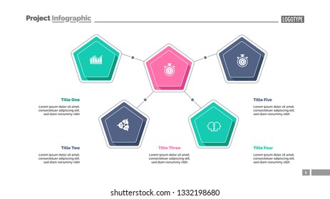 Five pentagons process chart slide template. Business data. Workflow, infochart, design. Creative concept for infographic, presentation, report. For topics like management, training, teamwork.