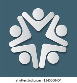 five people in a circle holding hands.The summit workers are meeting in the same power room.