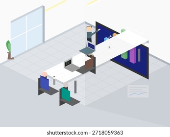 Cinco pessoas colaboram em um projeto em um escritório. Alguns estão sentados em mesas com computadores, enquanto um está apontando para um gráfico na parede.