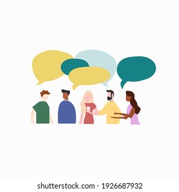 Five people of different races, men and women, blondes and brunettes, with busy hands and with free ones, talk using phones and voice