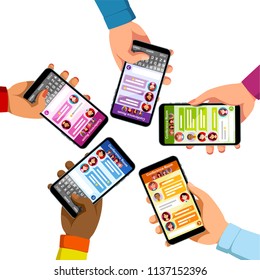 Five people group chatting sending text messages holding smart phones. Hands typing new messages using phone chat. Texting app. Modern mobile messaging communication. Flat vector isolated illustration