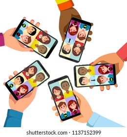 Five People Group Talking Together On Video Conference App Phone Call. Hands Holding Phones Showing Faces. Collective Mobile Team Group Call Video Conferencing Communication. Flat Vector Illustration