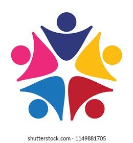 Five people heart in a circle holding hands.The summit workers are meeting in the same power room.