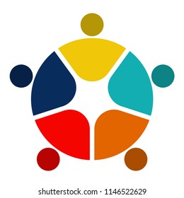 five people logo in a circle holding hands.The summit workers are meeting in the same power room.