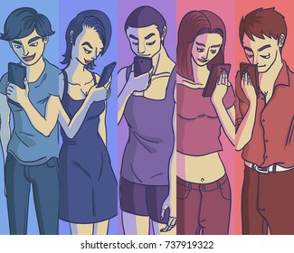 five people looking down smartphone