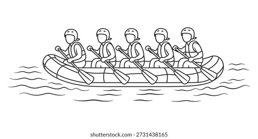 Cinco personas que reman juntas en una balsa inflable en un Vector del arte de la línea de la aventura del agua, ilustración
