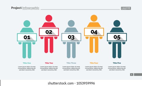 Five people process chart slide template. Business data. Employee, workflow, design. Creative concept for infographic, presentation, report. For topics like training, recruitment, teamwork.