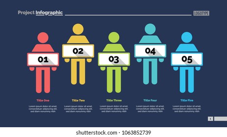 Five people process chart slide template. Business data. Employee, workflow, design. Creative concept for infographic, presentation, report. For topics like training, recruitment, teamwork.