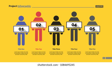 Five people process chart slide template. Business data. Employee, workflow, design. Creative concept for infographic, presentation, report. For topics like training, recruitment, teamwork.