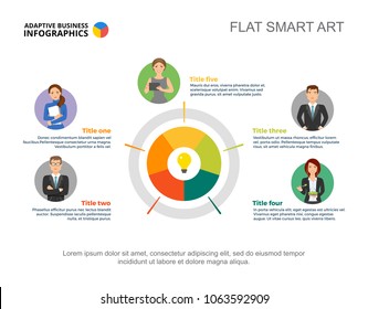 Five people process chart template for presentation. Business data visualization. Strategy, workflow, idea, plan, teamwork or marketing creative concept for infographic, report, project layout.