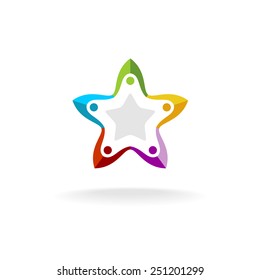 Five people round in a star shape logo template. Colorful flat style.