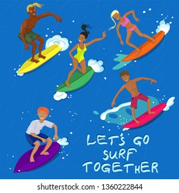 Five people surfing on a wave vector image