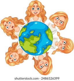 Five people surrounding a globe illustration