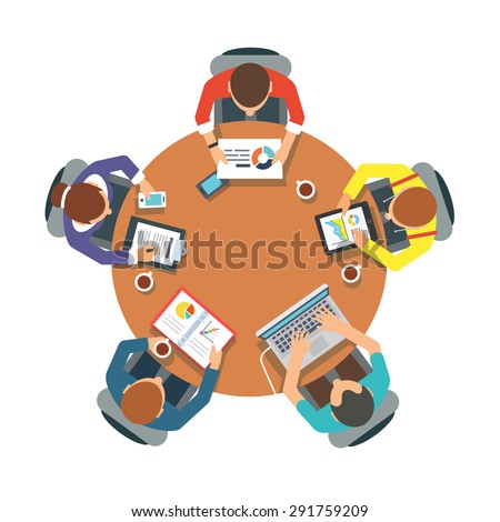 Five people team sitting and working together at the round table. Teamwork, brainstorming, startup. Flat vector illustration.