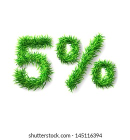 five percent discount icon. Green grass numerals. Vector illustration