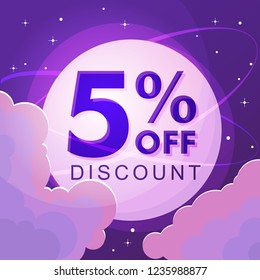 Five percent discount. space sale. Space, stars, numbers and text. Vector illustration