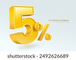 Five percent number or 5% special offer isolated on white background. 3d illustration vector file.