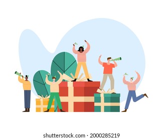five persons celebrating birthday party characters