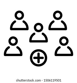 Five persons and a plus sign icon. Outline five persons and a plus sign vector icon for web design isolated on white background