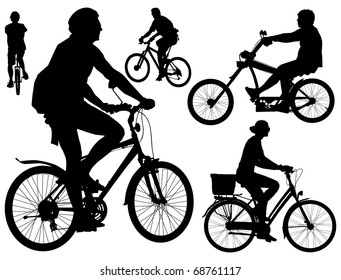 Five persons riding bicycles. Mountain, city, mono-wheel and tough guy kind  bikes. Black and white vector illustration.