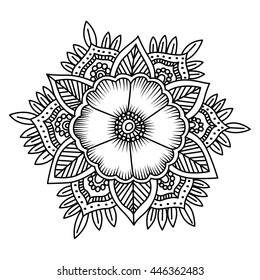 Five petal flower. Mandala doodle style. Vector illustration. Coloring book.