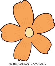 Flor de cinco pétalos con bordes ásperos y centro redondeado, delineado con trazos dibujados a mano. Símbolo de la naturaleza, el crecimiento, la belleza y la frescura de los temas de primavera. Ilustración vectorial de dibujos animados.