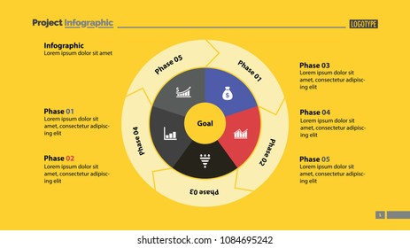 Five phases process chart slide template. Business data. Goal, circle, design. Creative concept for infographic, presentation, report. Can be used for topics like management, recruitment, analytics.