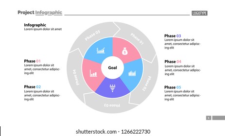 Five phases process chart slide template. Business data. Goal, circle, design. Creative concept for infographic, presentation, report. Can be used for topics like management, recruitment, analytics.