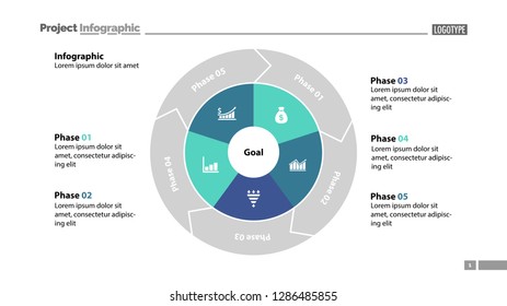 Five phases process chart slide template. Business data. Goal, circle, design. Creative concept for infographic, presentation, report. Can be used for topics like management, recruitment, analytics.