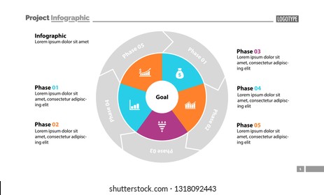 Five phases process chart slide template. Business data. Goal, circle, design. Creative concept for infographic, presentation, report. Can be used for topics like management, recruitment, analytics.