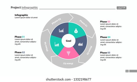 Five phases process chart slide template. Business data. Goal, circle, design. Creative concept for infographic, presentation, report. Can be used for topics like management, recruitment, analytics.