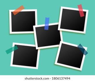 five photo frames sticked by tape background