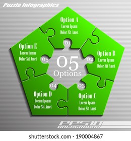 Five piece flat puzzle infographic presentation. 5 step circle business diagram. Five section compare service banner. Vector illustration template shape . 3d Abstract Background