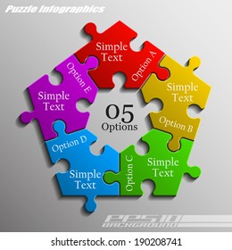 Five piece flat puzzle infographic presentation. 5 step circle business diagram. Five section compare service banner. Vector illustration template shape . 3d Abstract Background