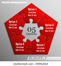 Five piece flat puzzle infographic presentation. 5 step circle business diagram. Five section compare service banner. Vector illustration template shape . 3d Abstract Background